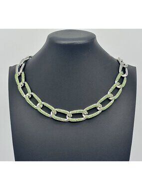 Curb Link and Green Pave Crystal Silver-Tone Collar Necklace Adjustable Unsigned